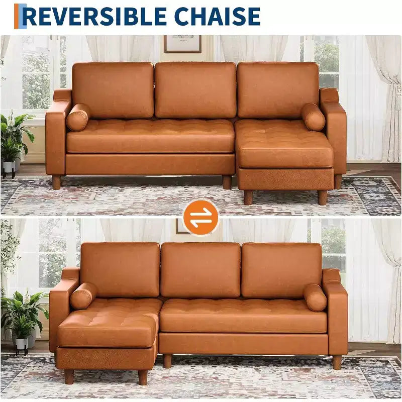 88.9 L-Shaped Sectional Sofa with Reversible Chaise - Mid-Century Faux Leather Couch for Living Room Apartment