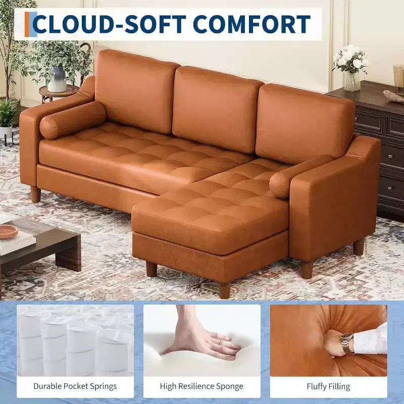 88.9 L-Shaped Sectional Sofa with Reversible Chaise - Mid-Century Faux Leather Couch for Living Room Apartment