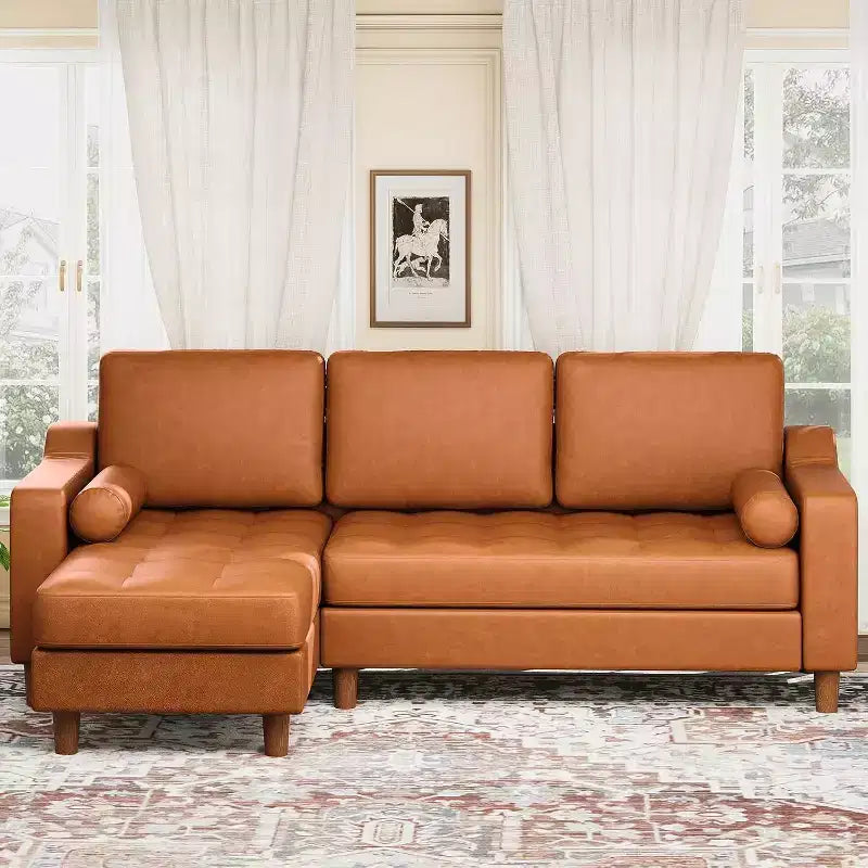 88.9 L-Shaped Sectional Sofa with Reversible Chaise - Mid-Century Faux Leather Couch for Living Room Apartment