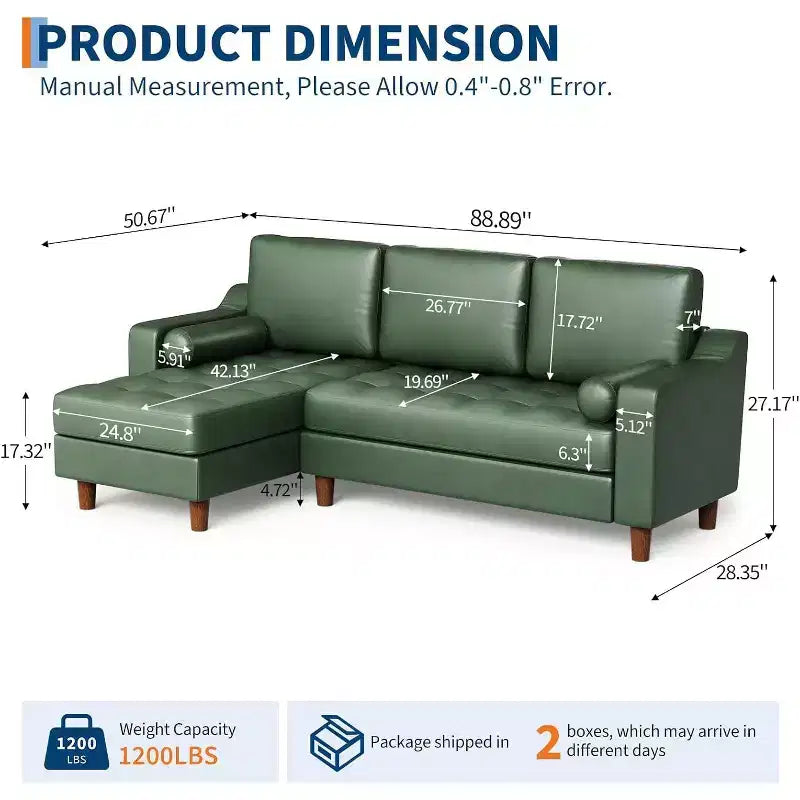 88.9 L-Shaped Sectional Sofa with Reversible Chaise - Mid-Century Faux Leather Couch for Living Room Apartment