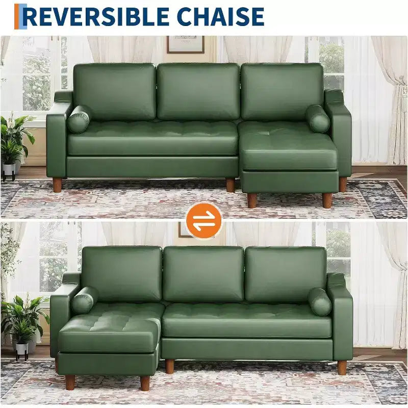 88.9 L-Shaped Sectional Sofa with Reversible Chaise - Mid-Century Faux Leather Couch for Living Room Apartment