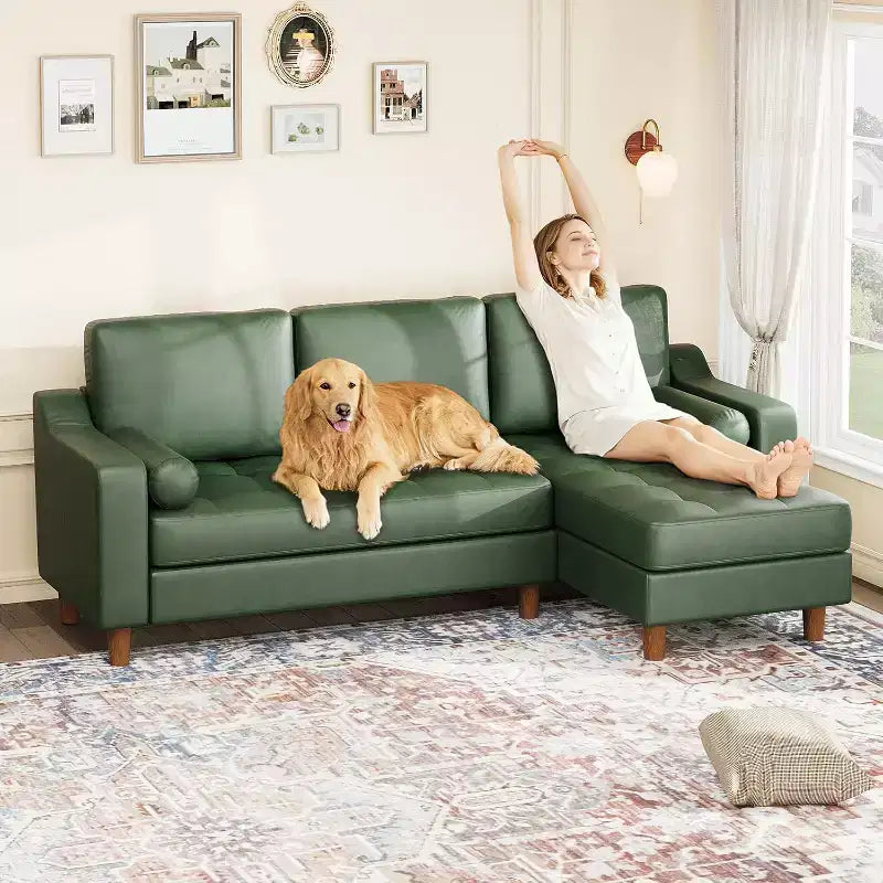 88.9 L-Shaped Sectional Sofa with Reversible Chaise - Mid-Century Faux Leather Couch for Living Room Apartment