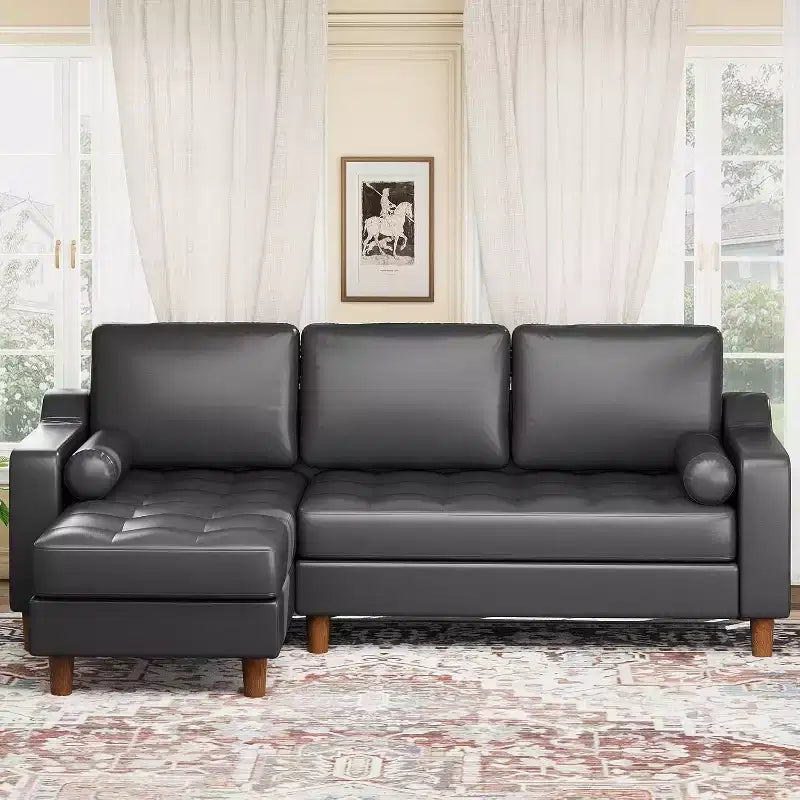 88.9 L-Shaped Sectional Sofa with Reversible Chaise - Mid-Century Faux Leather Couch for Living Room Apartment