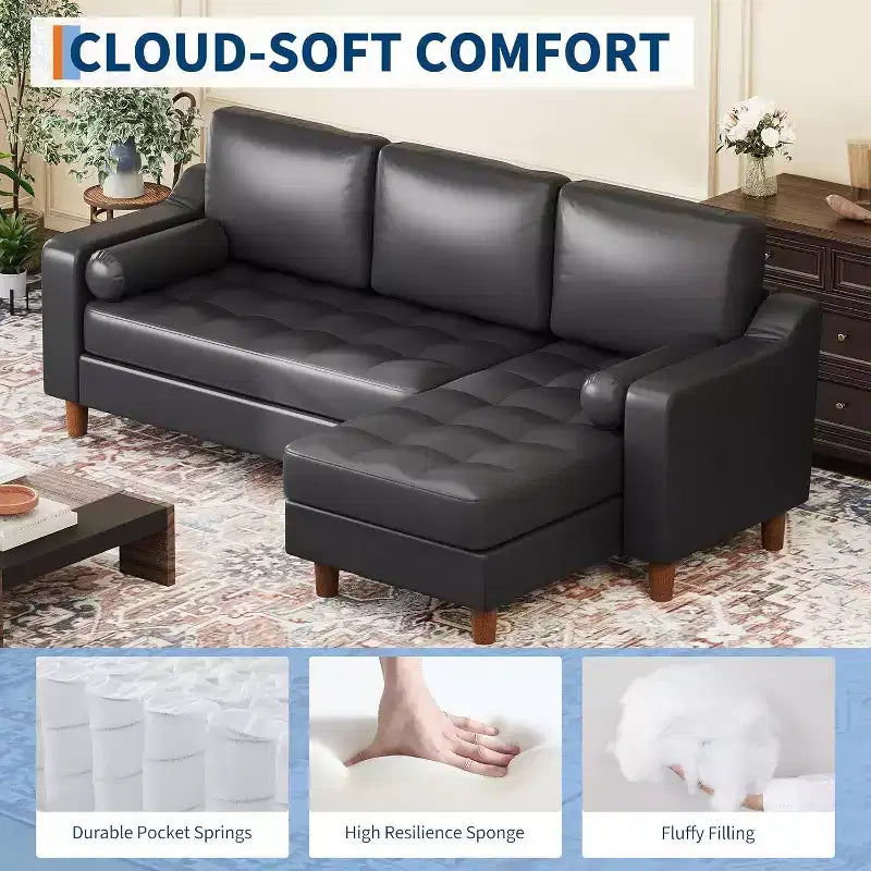 88.9 L-Shaped Sectional Sofa with Reversible Chaise - Mid-Century Faux Leather Couch for Living Room Apartment