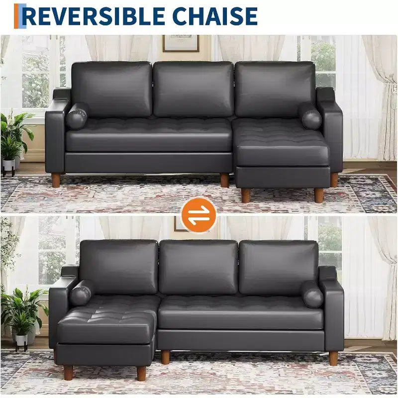 88.9 L-Shaped Sectional Sofa with Reversible Chaise - Mid-Century Faux Leather Couch for Living Room Apartment