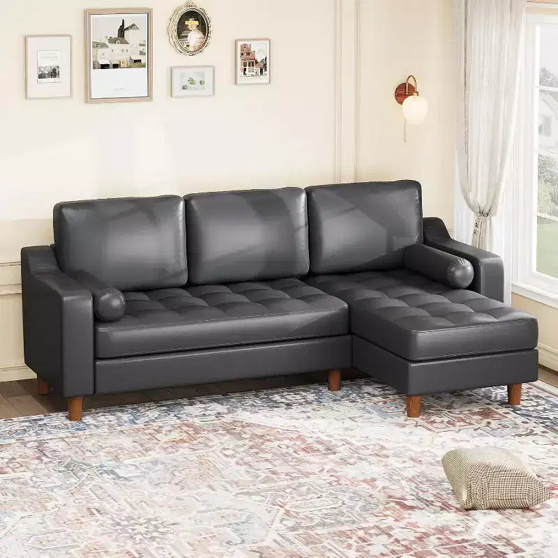 88.9 L-Shaped Sectional Sofa with Reversible Chaise - Mid-Century Faux Leather Couch for Living Room Apartment
