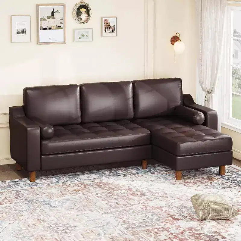 88.9 L-Shaped Sectional Sofa with Reversible Chaise - Mid-Century Faux Leather Couch for Living Room Apartment