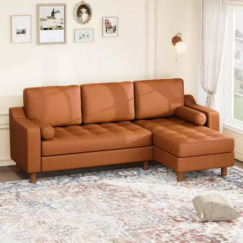 88.9 L-Shaped Sectional Sofa with Reversible Chaise - Mid-Century Faux Leather Couch for Living Room Apartment
