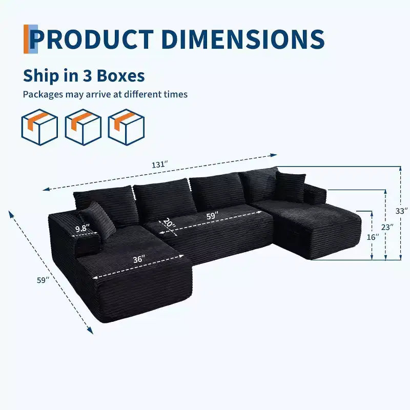 130 U-Shaped Cloud Couch Sectional with 2 Chaise Lounges - Modular Corduroy Deep Seat Sofa for Living Room