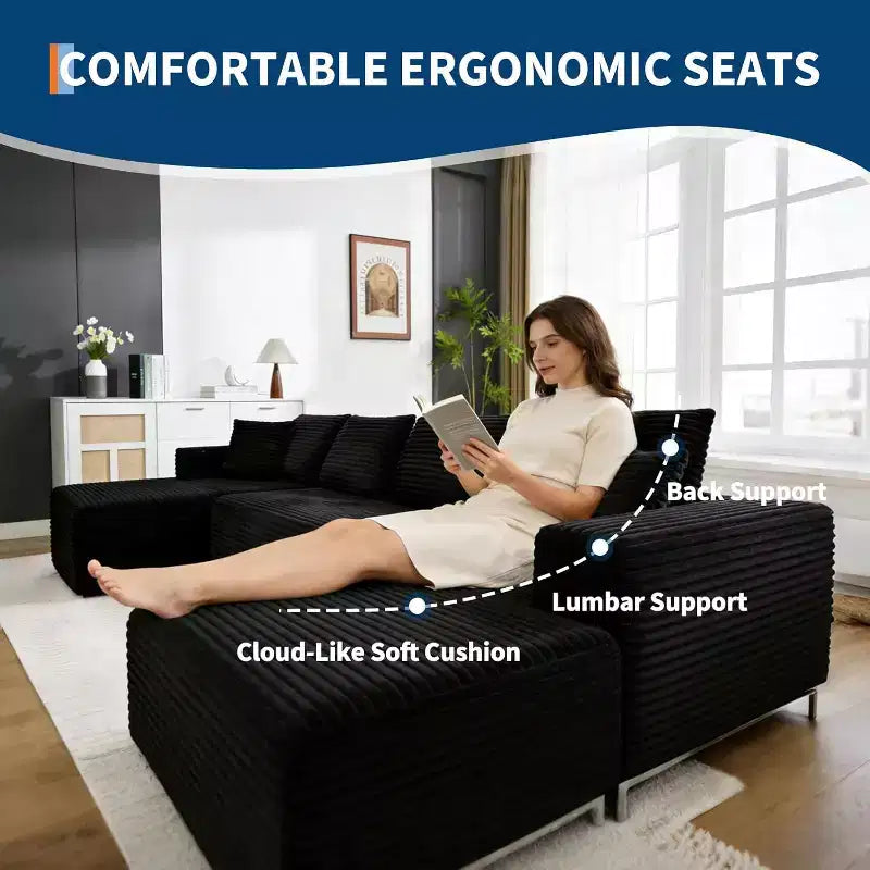 130 U-Shaped Cloud Couch Sectional with 2 Chaise Lounges - Modular Corduroy Deep Seat Sofa for Living Room