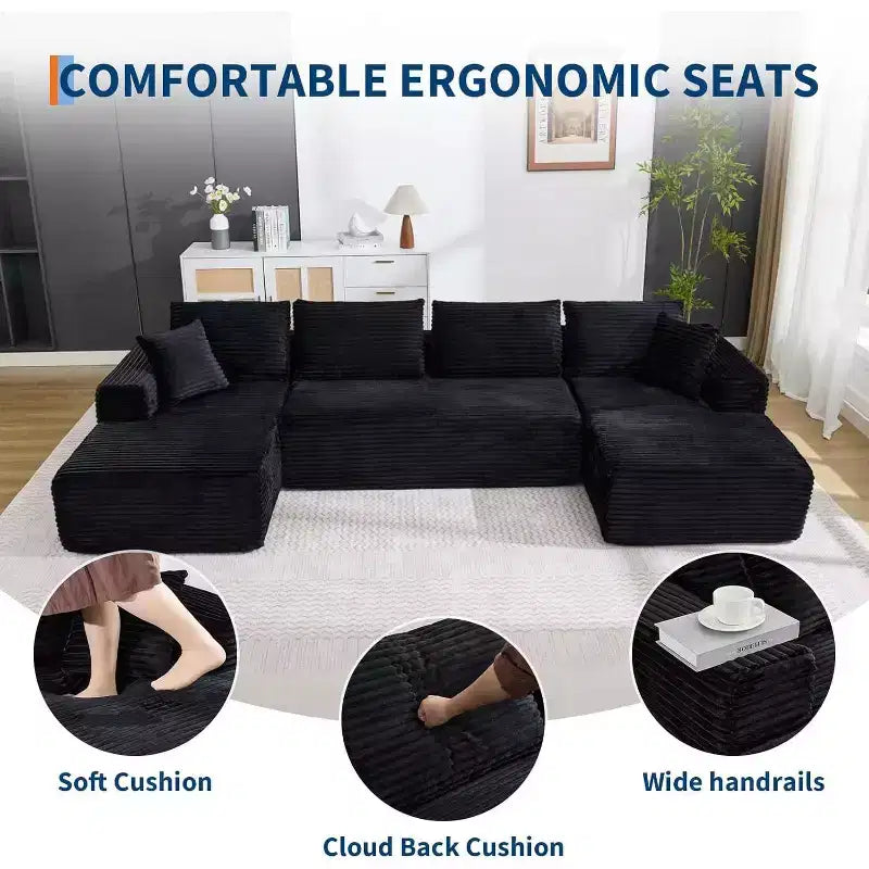 130 U-Shaped Cloud Couch Sectional with 2 Chaise Lounges - Modular Corduroy Deep Seat Sofa for Living Room