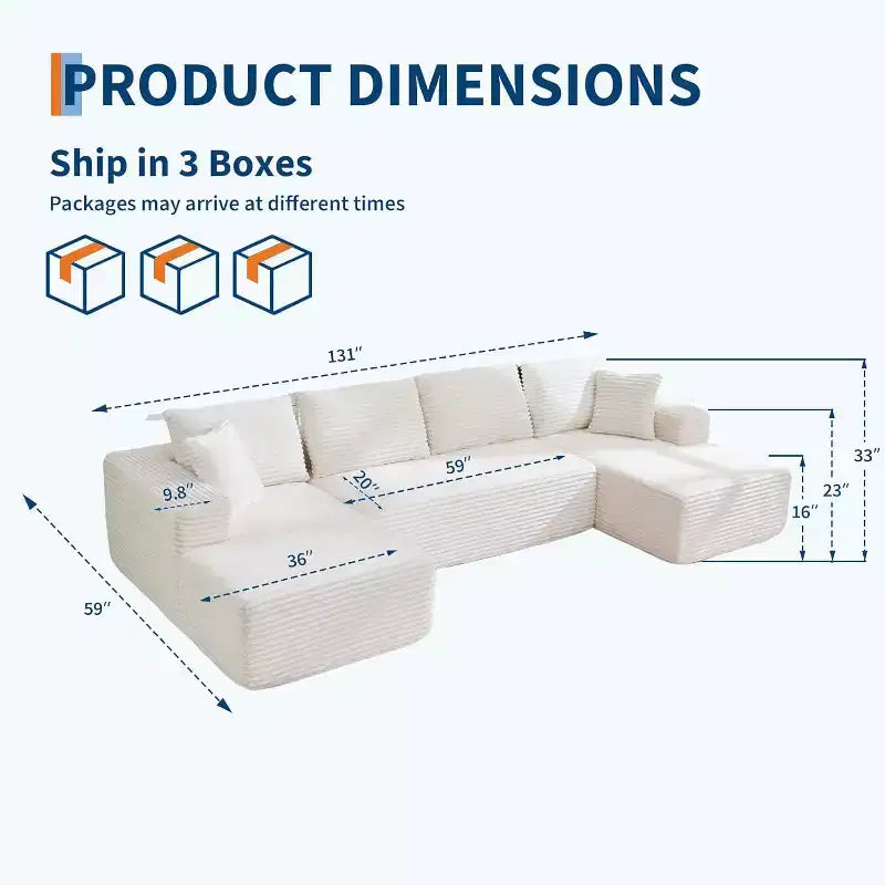 130 U-Shaped Cloud Couch Sectional with 2 Chaise Lounges - Modular Corduroy Deep Seat Sofa for Living Room