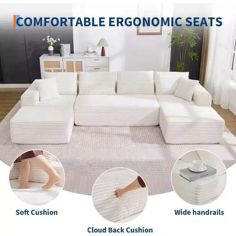 130 U-Shaped Cloud Couch Sectional with 2 Chaise Lounges - Modular Corduroy Deep Seat Sofa for Living Room