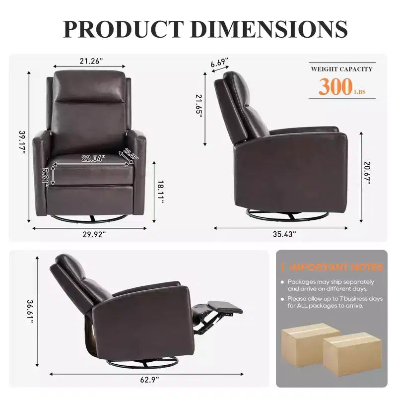Fauteuil inclinable pivotant, large fauteuil de salon en cuir PU avec dossier haut ergonomique pour salon, chambre, couleur chocolat