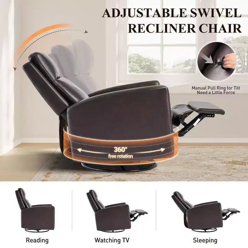 Fauteuil inclinable pivotant, large fauteuil de salon en cuir PU avec dossier haut ergonomique pour salon, chambre, couleur chocolat