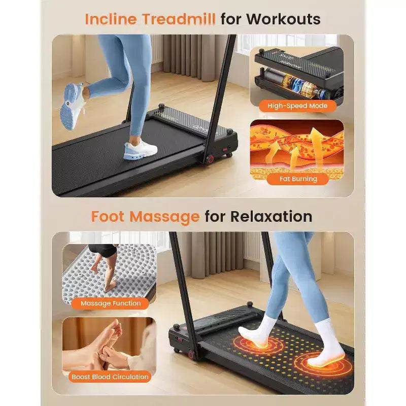 Tapis de course KRISRATE 3-en-1 3,5 CV avec massage des pieds et guidon, tapis de marche compact double face, tapis de course pliable pour la maison et la salle de sport