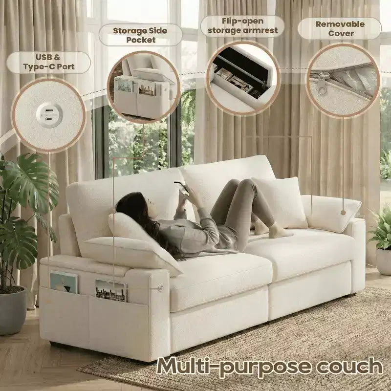 Ora Maison Modern Linen Sofa  Comfy Couch with USB & Type-C Ports and Hidden Armrest Storage