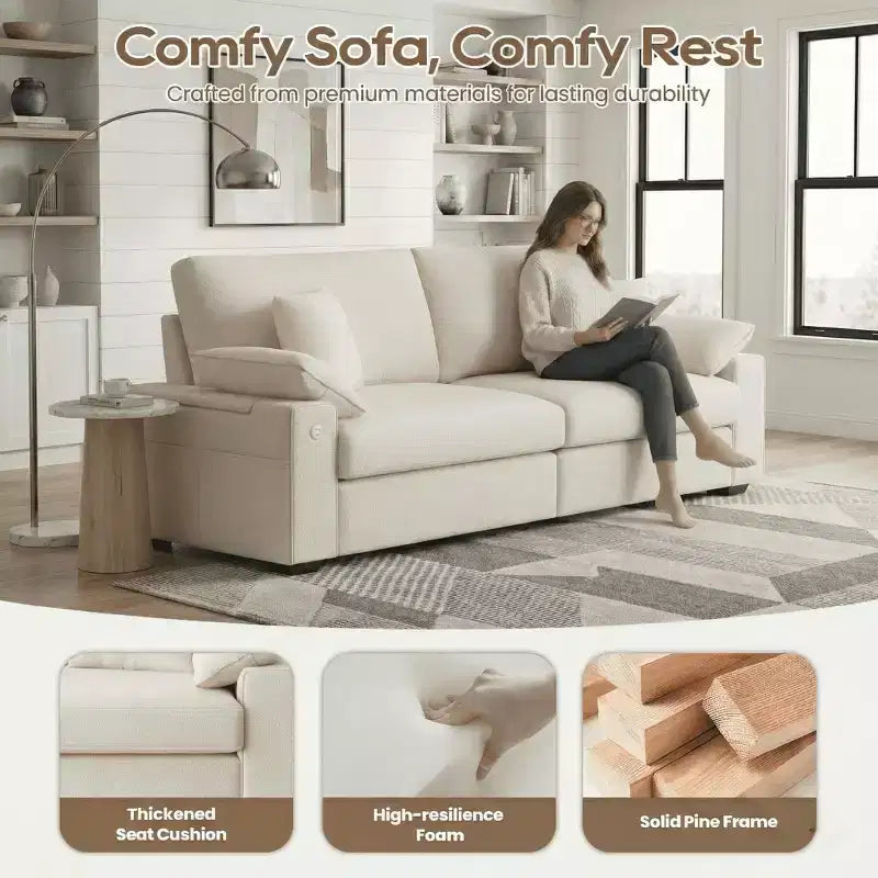 Ora Maison Modern Linen Sofa  Comfy Couch with USB & Type-C Ports and Hidden Armrest Storage
