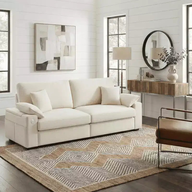 Ora Maison Modern Linen Sofa  Comfy Couch with USB & Type-C Ports and Hidden Armrest Storage