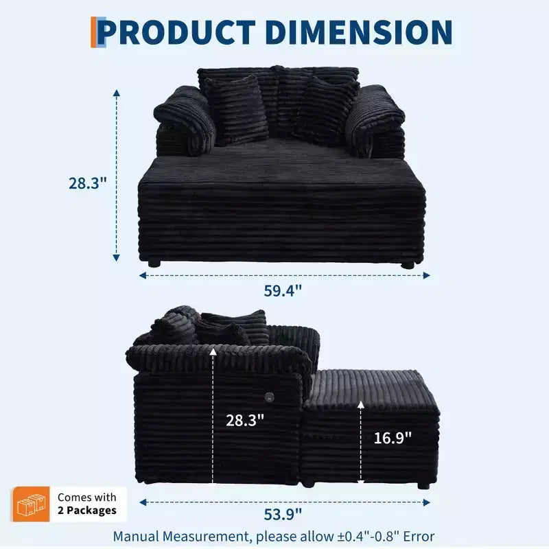 Oversized Chaise Lounge Chair Indoor, Comfy Corduroy Lounge Sofa with Wide Armrest Pads & Throw Pillows, Cozy Sleeper Couch for Living Room