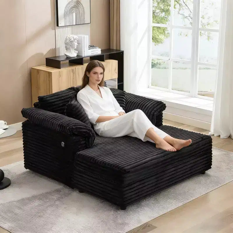 Oversized Chaise Lounge Chair Indoor, Comfy Corduroy Lounge Sofa with Wide Armrest Pads & Throw Pillows, Cozy Sleeper Couch for Living Room