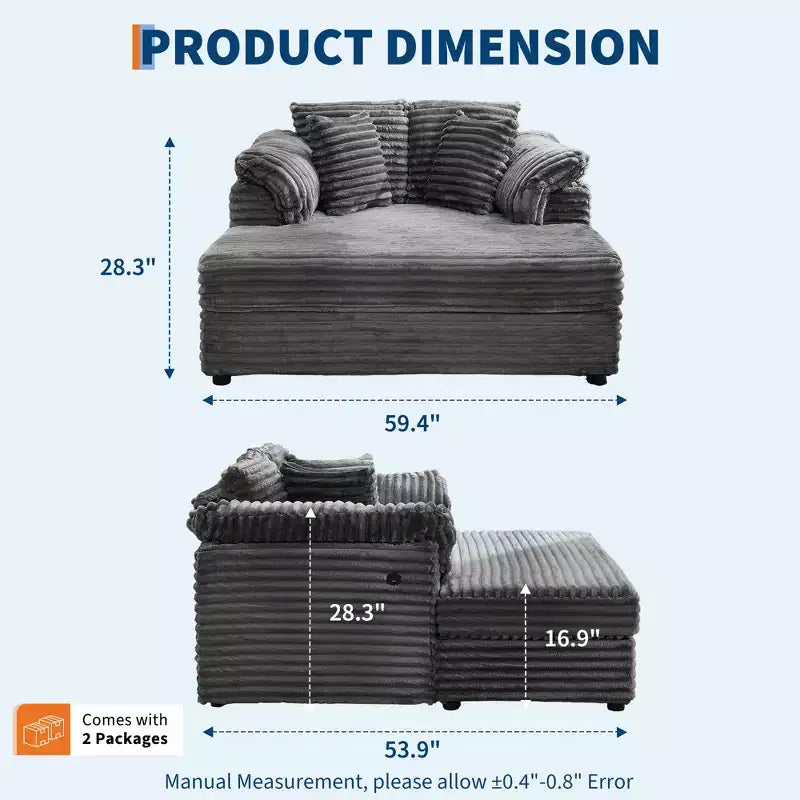 Oversized Chaise Lounge Chair Indoor, Comfy Corduroy Lounge Sofa with Wide Armrest Pads & Throw Pillows, Cozy Sleeper Couch for Living Room