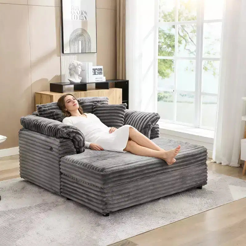 Oversized Chaise Lounge Chair Indoor, Comfy Corduroy Lounge Sofa with Wide Armrest Pads & Throw Pillows, Cozy Sleeper Couch for Living Room