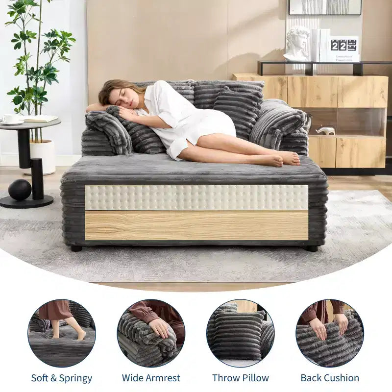 Oversized Chaise Lounge Chair Indoor, Comfy Corduroy Lounge Sofa with Wide Armrest Pads & Throw Pillows, Cozy Sleeper Couch for Living Room
