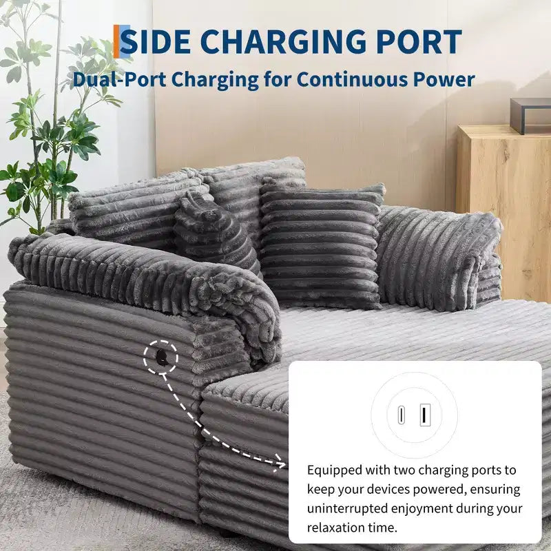 Oversized Chaise Lounge Chair Indoor, Comfy Corduroy Lounge Sofa with Wide Armrest Pads & Throw Pillows, Cozy Sleeper Couch for Living Room