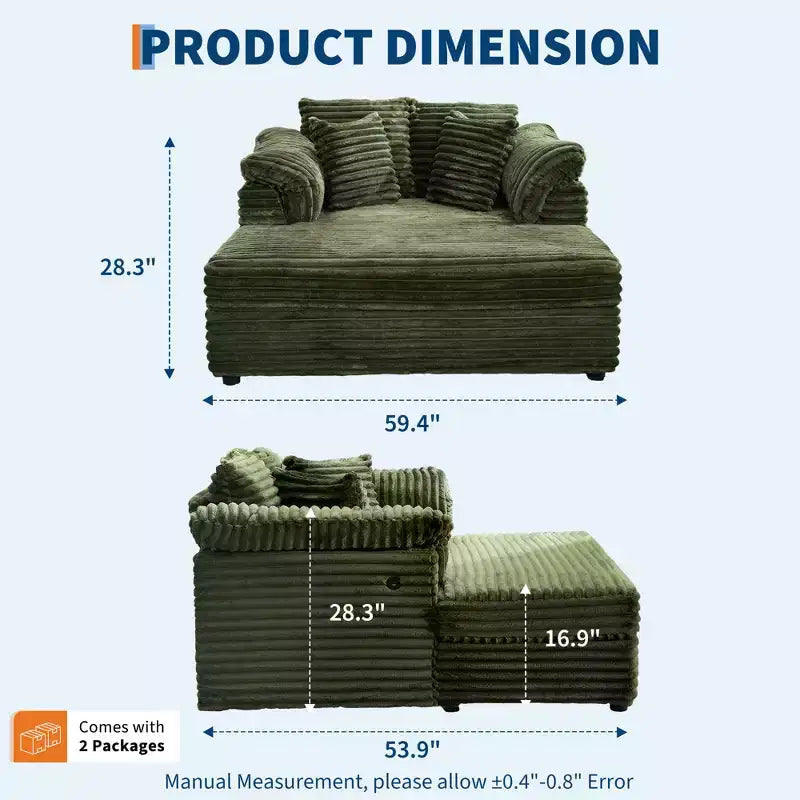 Oversized Chaise Lounge Chair Indoor, Comfy Corduroy Lounge Sofa with Wide Armrest Pads & Throw Pillows, Cozy Sleeper Couch for Living Room