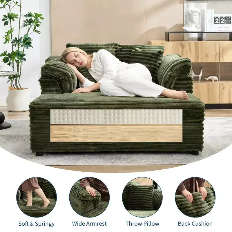 Oversized Chaise Lounge Chair Indoor, Comfy Corduroy Lounge Sofa with Wide Armrest Pads & Throw Pillows, Cozy Sleeper Couch for Living Room