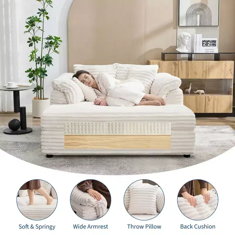 Oversized Chaise Lounge Chair Indoor, Comfy Corduroy Lounge Sofa with Wide Armrest Pads & Throw Pillows, Cozy Sleeper Couch for Living Room