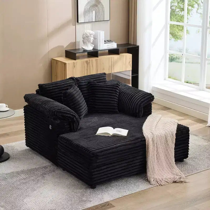 Oversized Chaise Lounge Chair Indoor, Comfy Corduroy Lounge Sofa with Wide Armrest Pads & Throw Pillows, Cozy Sleeper Couch for Living Room