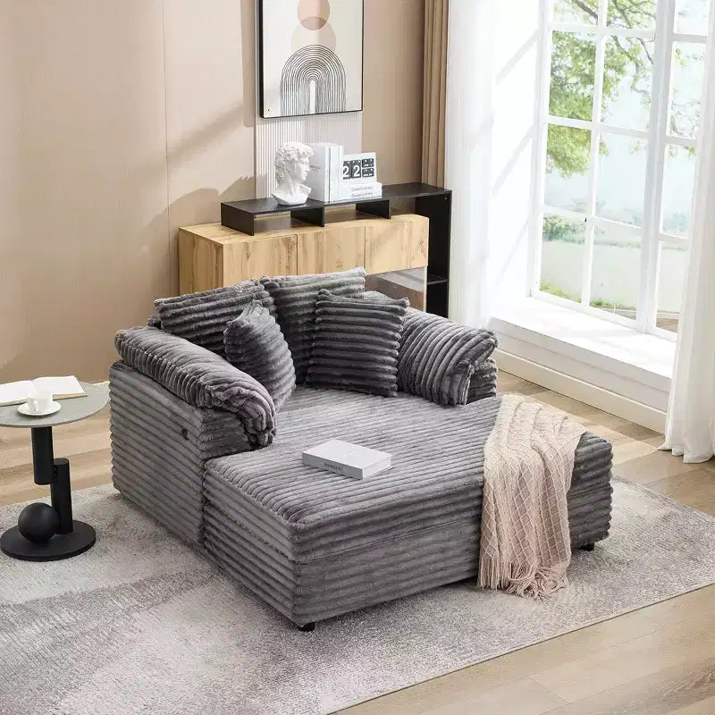 Oversized Chaise Lounge Chair Indoor, Comfy Corduroy Lounge Sofa with Wide Armrest Pads & Throw Pillows, Cozy Sleeper Couch for Living Room