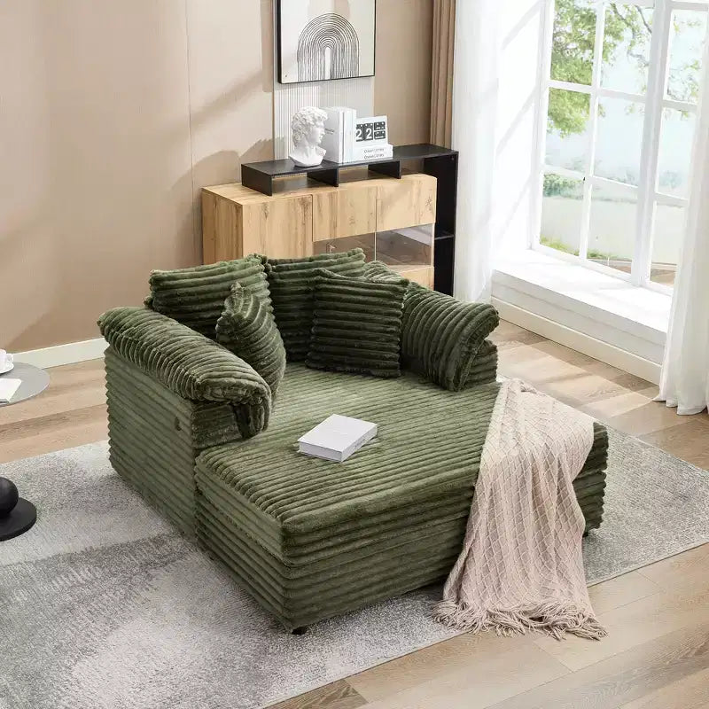 Oversized Chaise Lounge Chair Indoor, Comfy Corduroy Lounge Sofa with Wide Armrest Pads & Throw Pillows, Cozy Sleeper Couch for Living Room