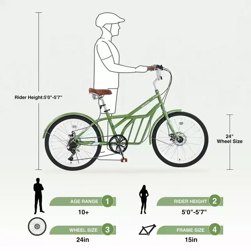 NAYSAYE Vélo de ville 24 pouces pour adultes, 6 vitesses, vélo hybride de ville avec double frein en V, selle réglable, cadre en acier pour femmes et hommes, trajets quotidiens et loisirs