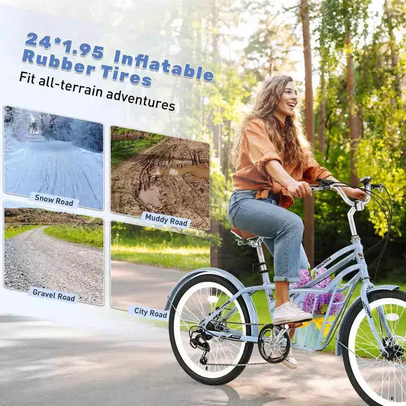 NAYSAYE Vélo de ville 24 pouces pour adultes, 6 vitesses, vélo hybride de ville avec double frein en V, selle réglable, cadre en acier pour femmes et hommes, trajets quotidiens et loisirs