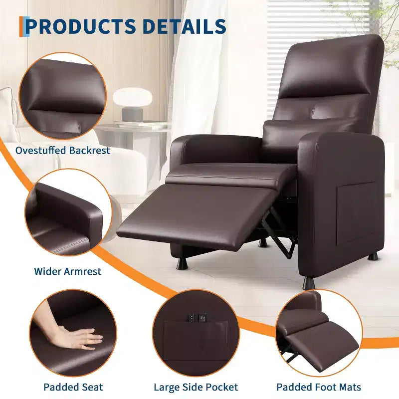 Fauteuil inclinable en cuir PU ergonomique avec inclinaison réglable, siège rembourré, accoudoirs larges, dossier haut et poches latérales, adapté aux adultes.