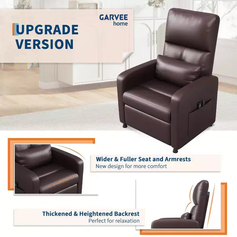 Fauteuil inclinable en cuir PU ergonomique avec inclinaison réglable, siège rembourré, accoudoirs larges, dossier haut et poches latérales, adapté aux adultes.