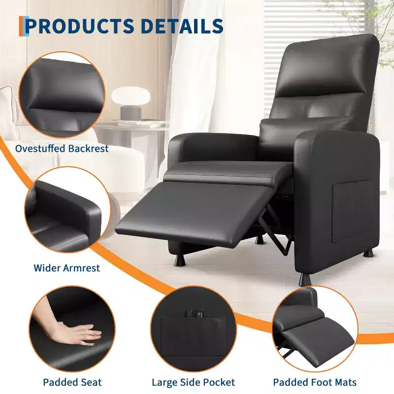 Fauteuil inclinable en cuir PU ergonomique avec inclinaison réglable, siège rembourré, accoudoirs larges, dossier haut et poches latérales, adapté aux adultes.