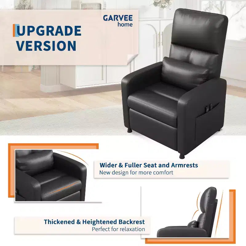 Fauteuil inclinable en cuir PU ergonomique avec inclinaison réglable, siège rembourré, accoudoirs larges, dossier haut et poches latérales, adapté aux adultes.