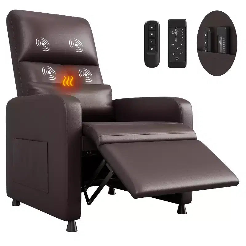 Recliner  Ergonomic PU leather armchair with adjustable recline, padded seat, wide armrests, high back, and side pockets suitable for adults.