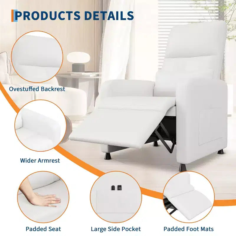 Fauteuil inclinable en cuir PU ergonomique avec inclinaison réglable, siège rembourré, accoudoirs larges, dossier haut et poches latérales, adapté aux adultes.