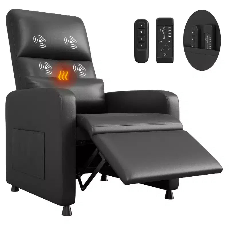 Recliner  Ergonomic PU leather armchair with adjustable recline, padded seat, wide armrests, high back, and side pockets suitable for adults.