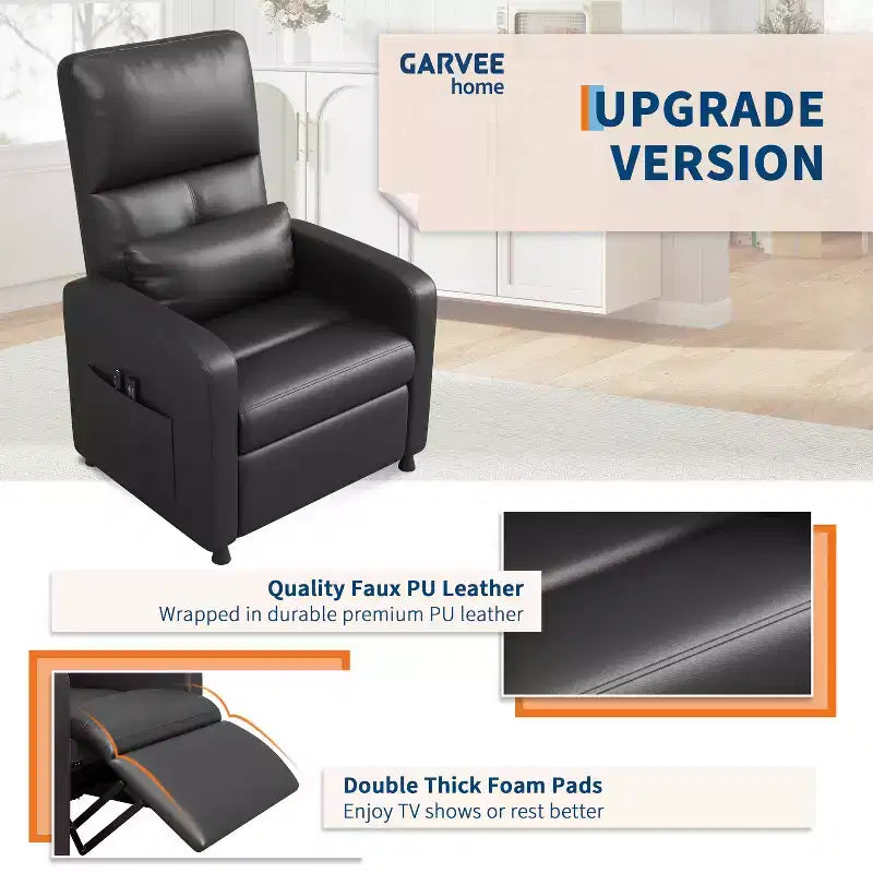 Fauteuil inclinable en cuir PU ergonomique avec inclinaison réglable, siège rembourré, accoudoirs larges, dossier haut et poches latérales, adapté aux adultes.