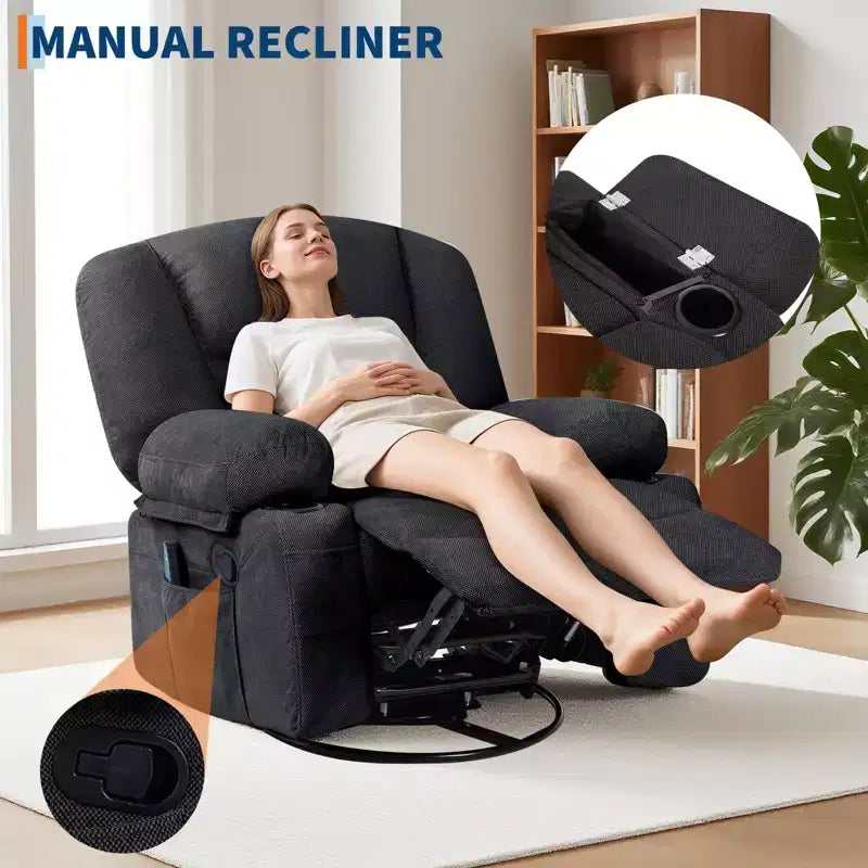 Multifunctional extra-large wide recliner, PU leather recliner, adult size, 360 swivel rocking chair, with cup holder and side pockets.