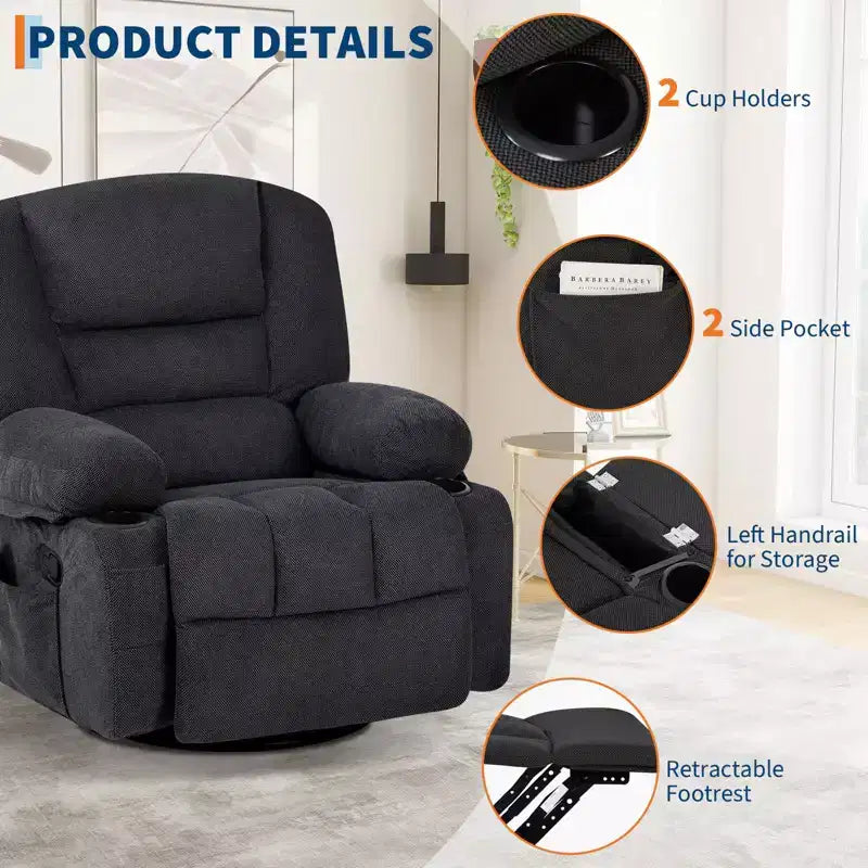 Multifunctional extra-large wide recliner, PU leather recliner, adult size, 360 swivel rocking chair, with cup holder and side pockets.