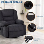Multifunctional extra-large wide recliner, PU leather recliner, adult size, 360 swivel rocking chair, with cup holder and side pockets.
