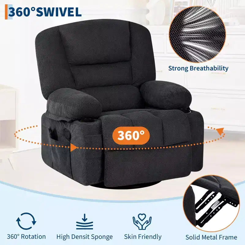 Multifunctional extra-large wide recliner, PU leather recliner, adult size, 360 swivel rocking chair, with cup holder and side pockets.