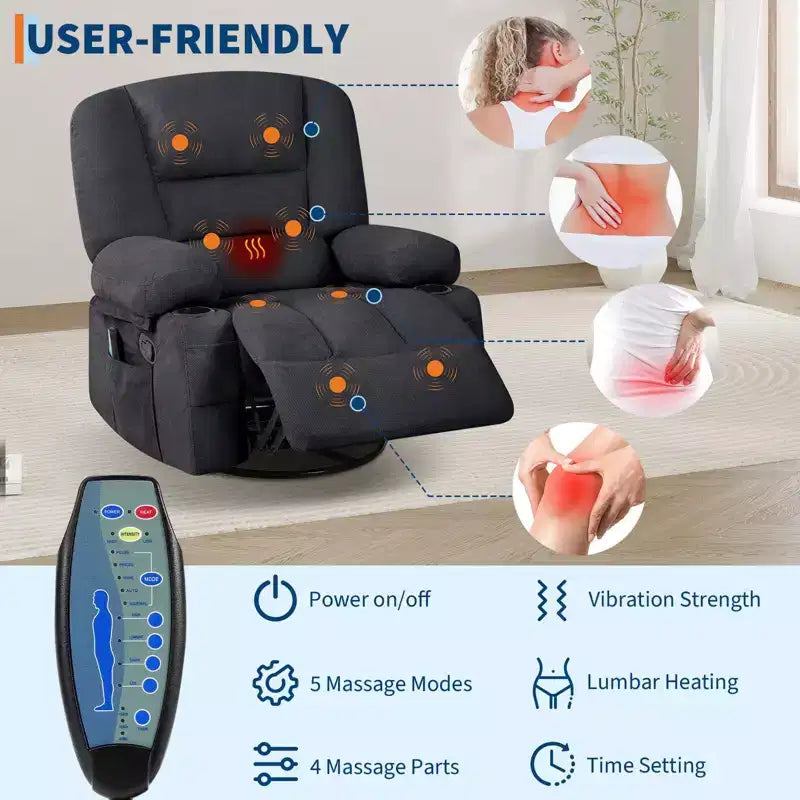 Multifunctional extra-large wide recliner, PU leather recliner, adult size, 360 swivel rocking chair, with cup holder and side pockets.